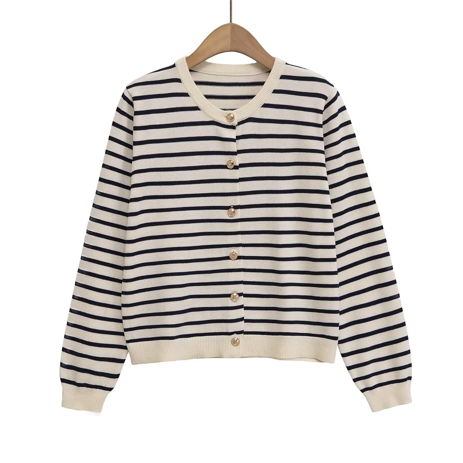 

MYST&ZA2025 new summer women's casual fashion striped round neck long sleeve slim knitted cardigan jacket top