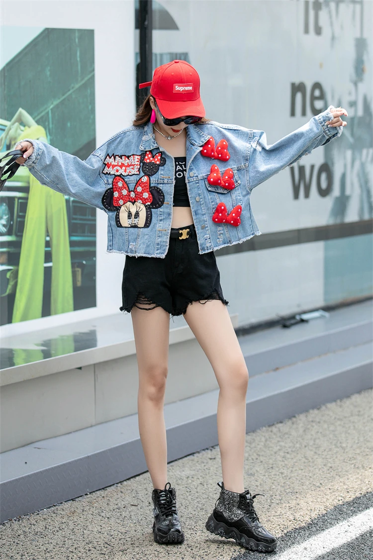 Women Jacket European American Style Heavy Industry Nail Bead Denim Coat 2024 New Sweet Short Top