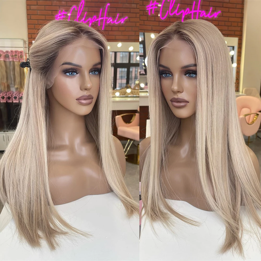 Long Ombre Ash Blonde Colored Synthetic Wig Smooth Straight 13x4 Frontal Lace Wig with Baby Hair Balayage Ash Roots for Women