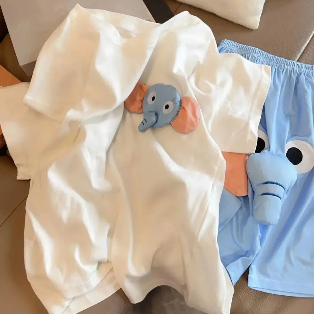 

Повседневная пижама со слонами и 3D ушками, футболка со свободным носом, шорты, ночная рубашка, забавная одежда для сна с короткими рукавами, домашняя одежда