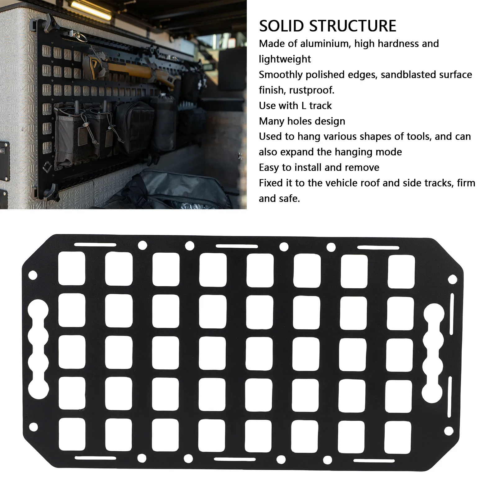 

Truck Bed Molle Panel 16.61x8.86x0.08in L Track Molle Panel Versatile Finely Processed for Cars SUVs Pickup Van RVs