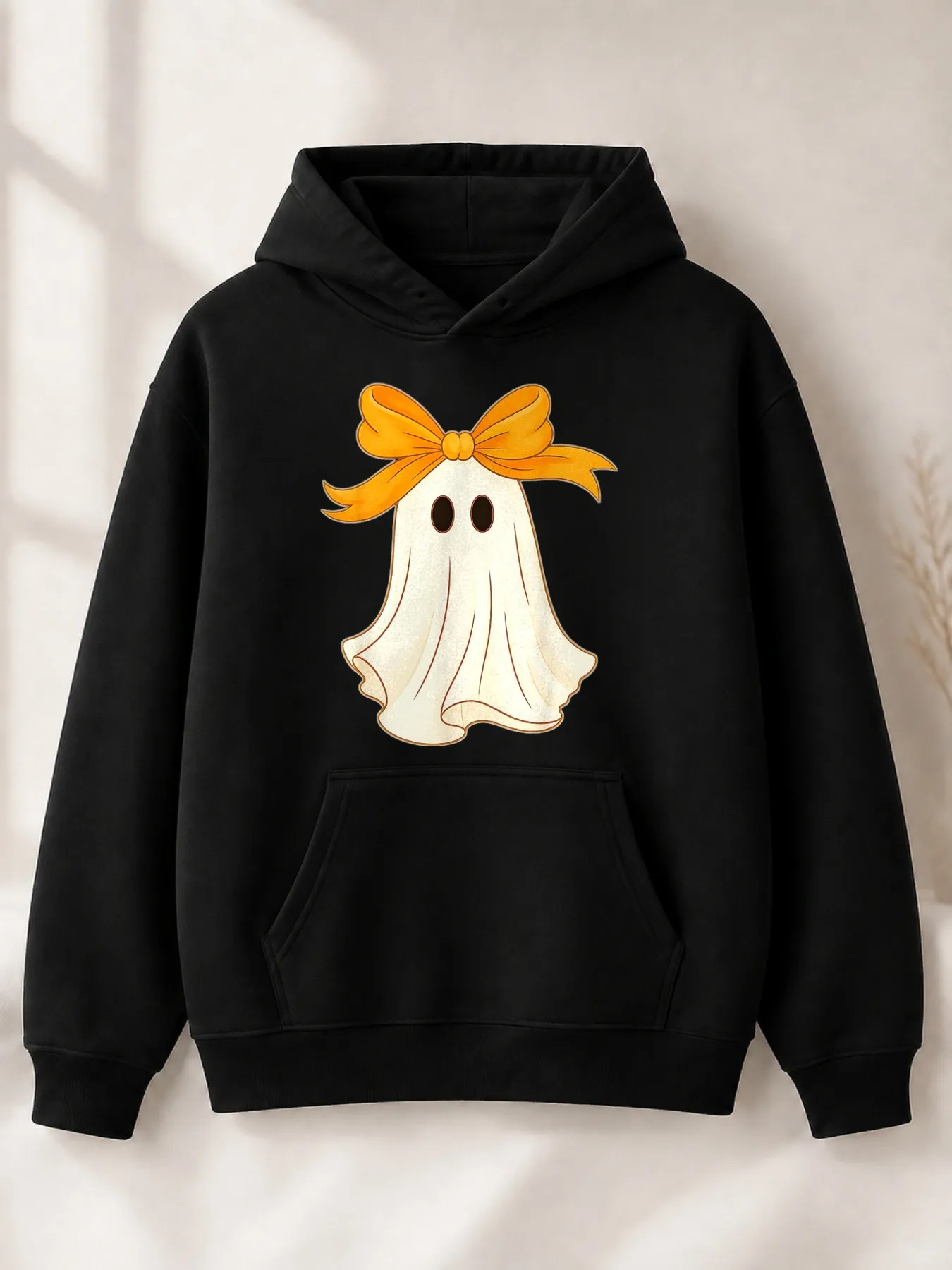 Cute Cartoon-Style Men's Hoodie, Orange Bow-Knot Ghost Design, Halloween Autumn and Winter Season, Gift for Boyfriend, Husband, Son, or Friend