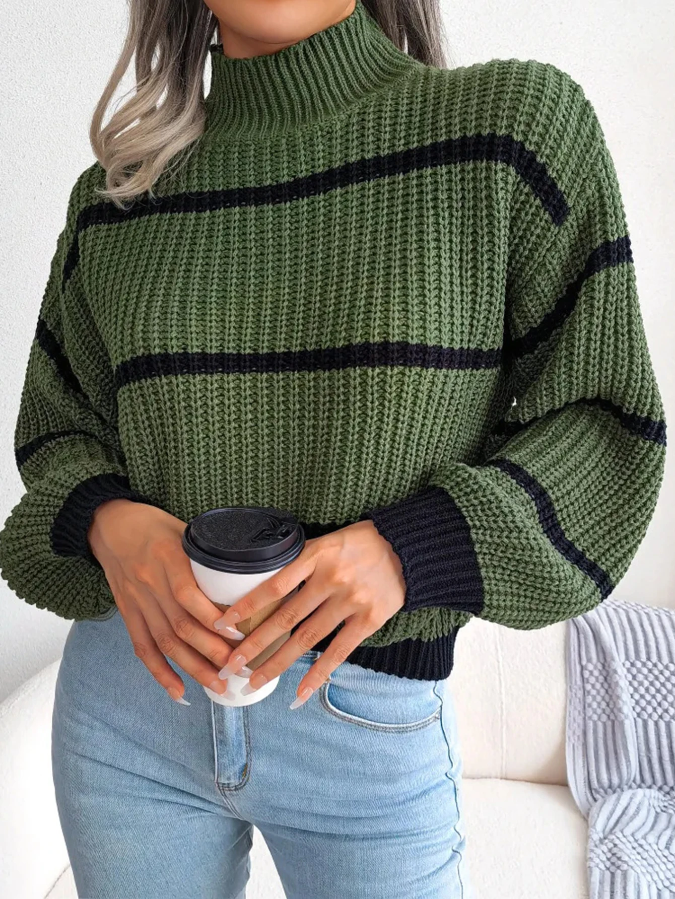 

Women's 2025 Autumn Winter Sweater K-Fashion Daily Decent Stripes Long Sleeve Mock NeckLoose Fit Casual Sweater
