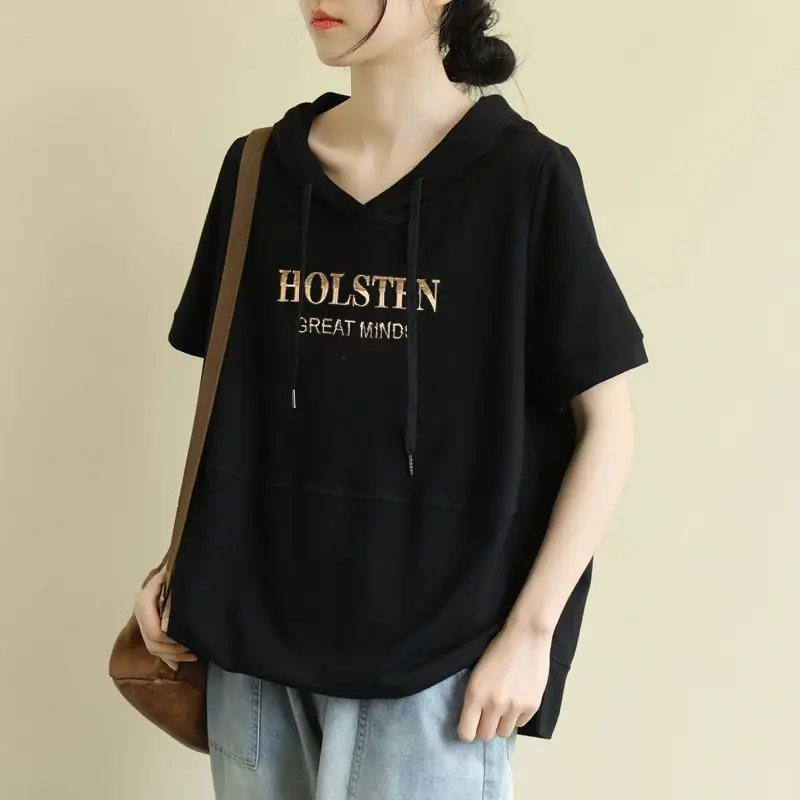 2024 New Summer Korean Version Fashionable Minimalist Print Casual Loose Fit Oversized Pullover Short Sleeved Hoodie for Women