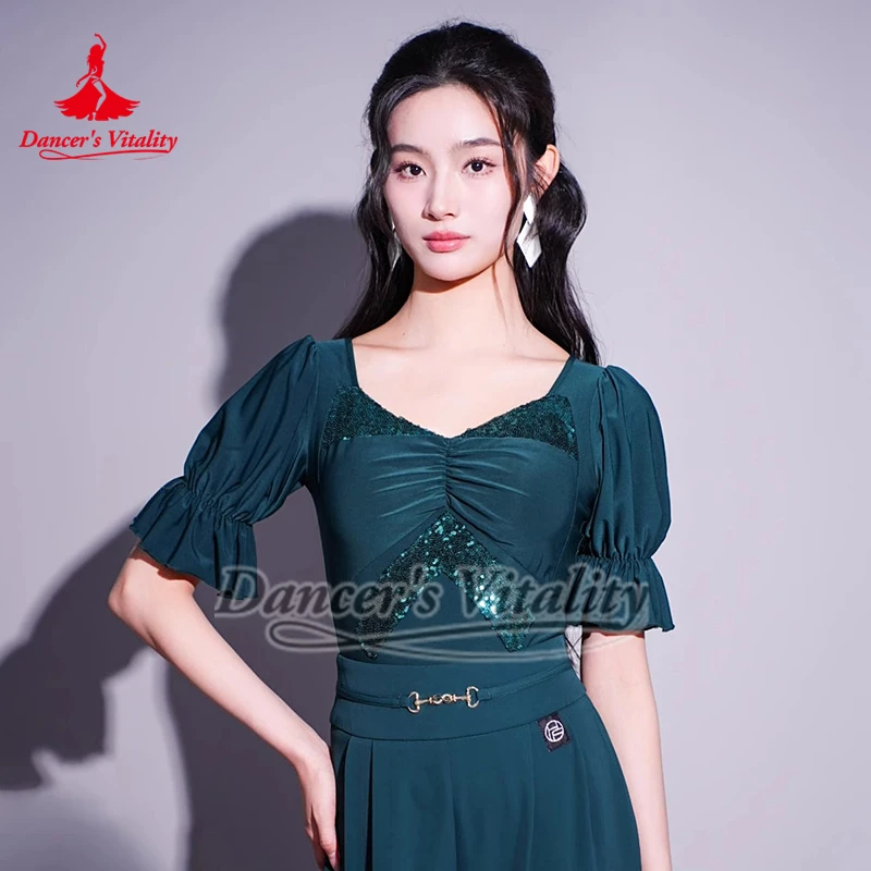 

Комбинезон с фонариком и короткими рукавами и блестками, комбинезон для латинских социальных танцев, румба, вальс, квикстеп, топы для профессиональных тренировок и выступлений