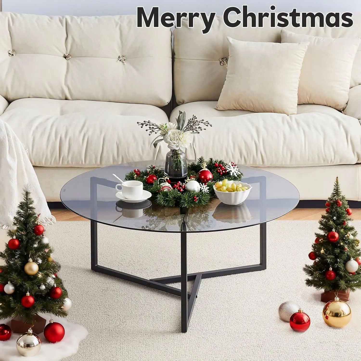 Mesa de centro redonda, mesa central de vidro circular de 35,4 polegadas com pernas de ferro, design minimalista moderno para sala de estar, escritório