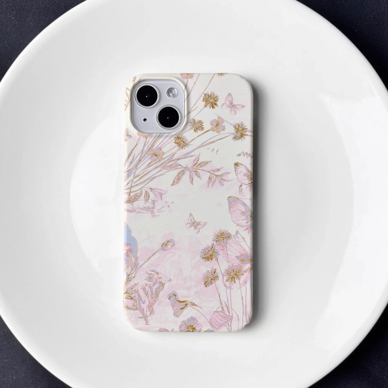Fresco y dulce INS Patrones florales y de la fauna y detalles dorados Funda de teléfono para iPhone 16 15 14 11 12 13 Pro Max Plus Contraportada