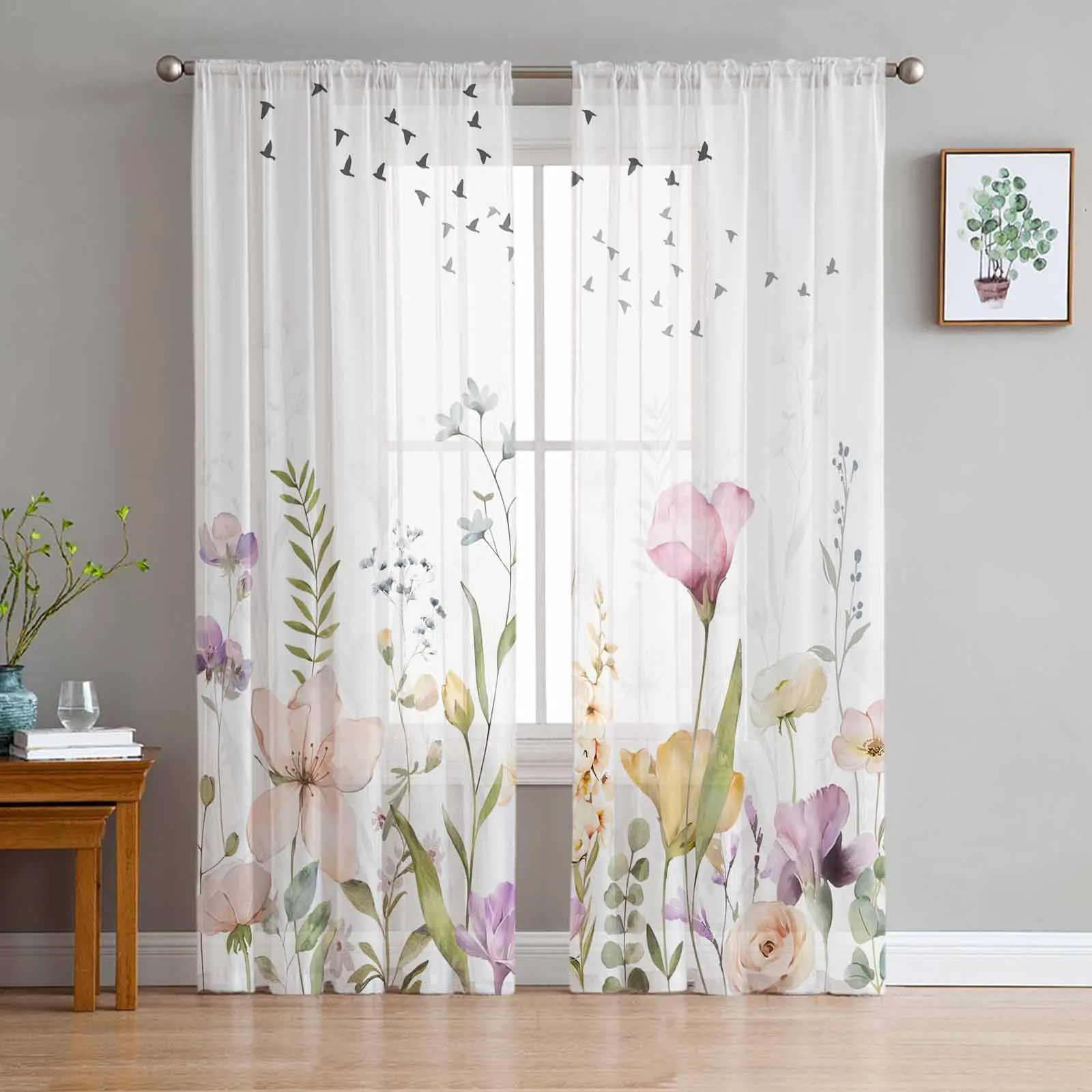 

Leaves Flower Silhouettes Flying Birds Sheer Curtains for Living Room Bedroom Home Decoration Window Voile Tulle Curtain Drapes