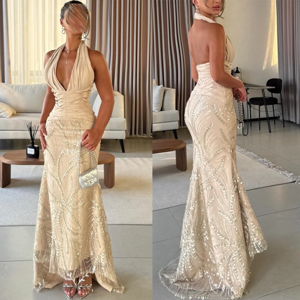 

Customized Delicate Halter Evening Dress Elegant Mermaid Sleeveless Cocktail Dress Temperament Backless Special Occasion Gowns