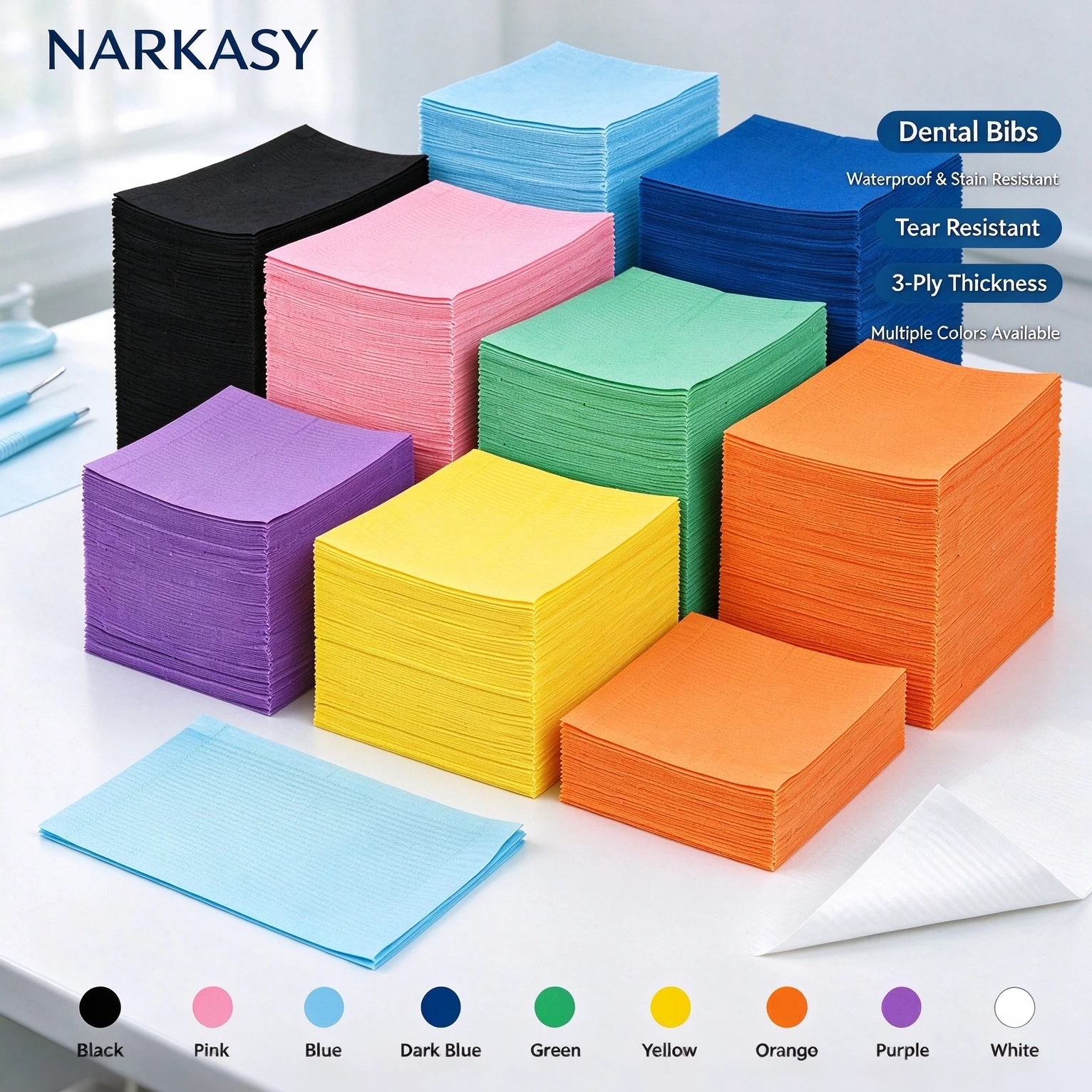 NARKASY Disposable Dental Bibs 13"x18" - 3 Ply Waterproof Tattoo Bib Sheet for Patients Dentist Tray Cover and Nail Table