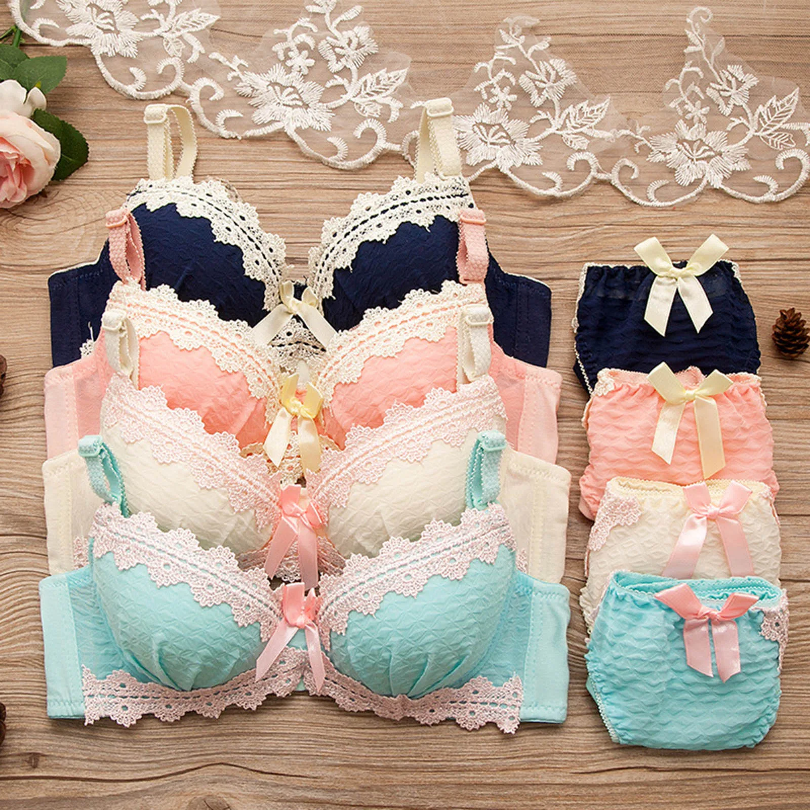 

Sweet Lolita Style Training Bra Set/2PCS For Young Girls Retro Underwear Teen Girl's Bra Set Women Pure Cotton Lingeries Suit