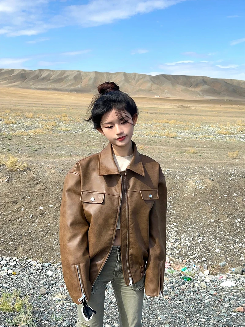 Veste en cuir PU pour femme, col rabattu rétro, manches longues, conception de fermeture éclair, vestes taille fine, CombFemale, automne, hiver, nouveau, 2024