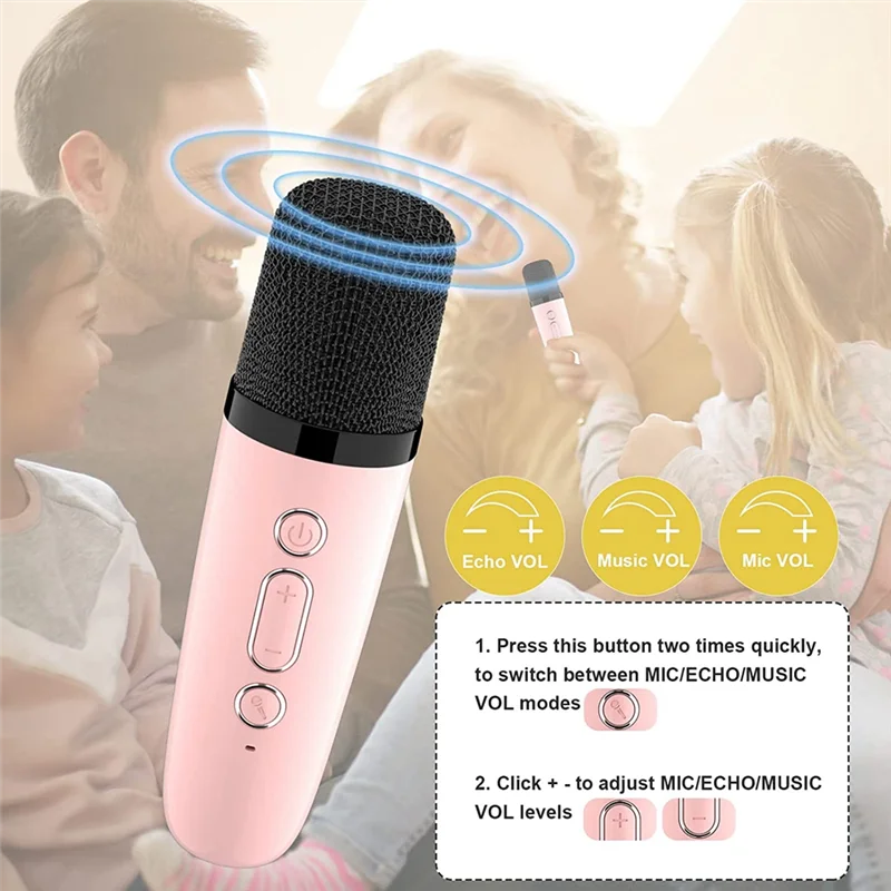 Mini Karaoke Machine with 2 Wireless Microphones for Kids Adults, 18 Pre-Loaded Songs, Portable Bluetooth, Pink