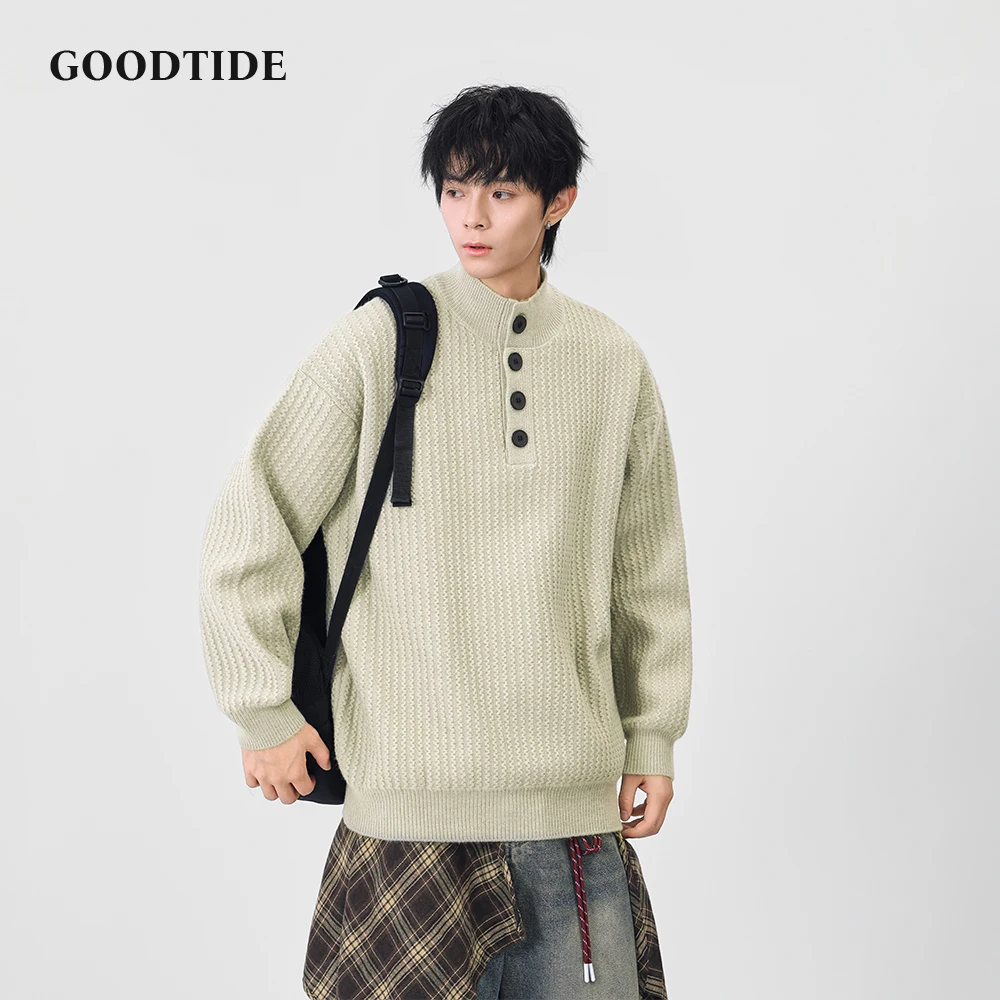 Fashion Men's Casual Mock Neck Sweater 2025 Winter New Waffle Knit Pullover Button Placket Soft Long Sleeve Jumper Top