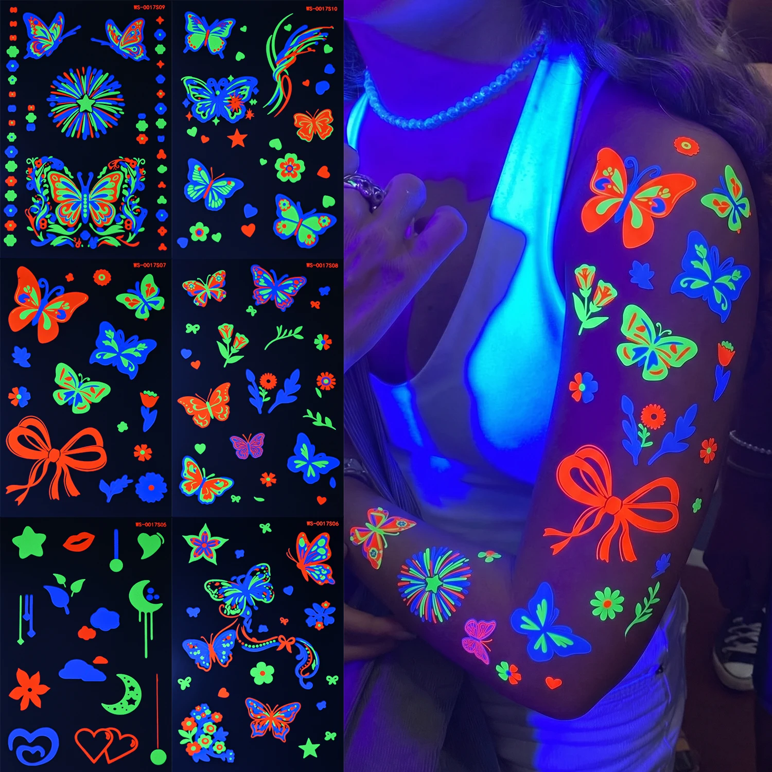 10pcs Fluorescent Temporary Tattoos Heart & Lip Print Luminous Stickers UV Light Body Art for Raves Concerts Clubbing Nightlife*