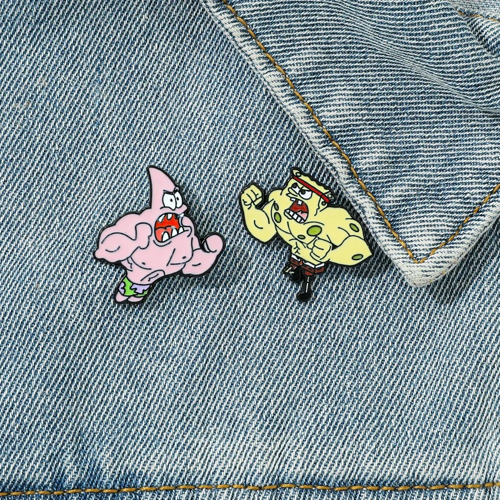 Juego de 2 uds de broches de dibujos animados, pantalones cuadrados de Bob Esponja muscular, Pin esmaltado, mochila, joyería para ropa, insignia de Metal, accesorios, regalos