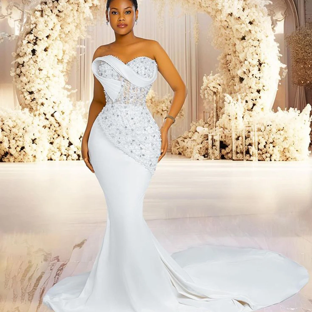 

New Mermaid Wedding Dresses for Bride Sweet Heart Lace up Closure Sweep Train Satin Beads Africa Bridal Gowns Customized