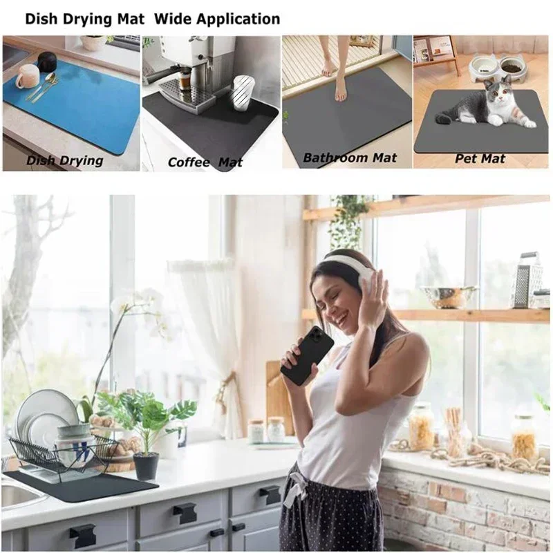 Super Absorbent Silicone Drain Mat with Flower Pattern Moisture-Proof Drying Pad for Tableware Cups Bottles Kitchen Accessory