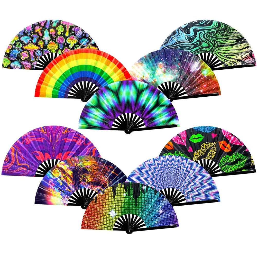 UV Glow Rave Fan, Bamboo Folding Clack Hand Fans Foldable for Men Women, Poping Fan for EDM Festival Line Dance Decoration