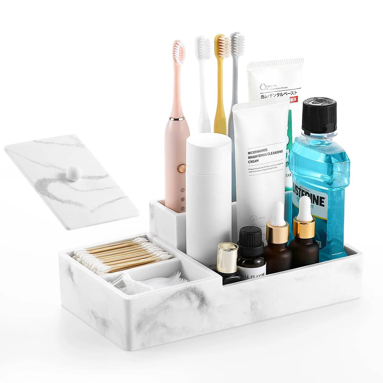 Bathroom Counter Organizer Marble Toothbrush Holder for Bathroom 6 Slot Bathroom Vanity Organizer with Lid for Cotton Ball