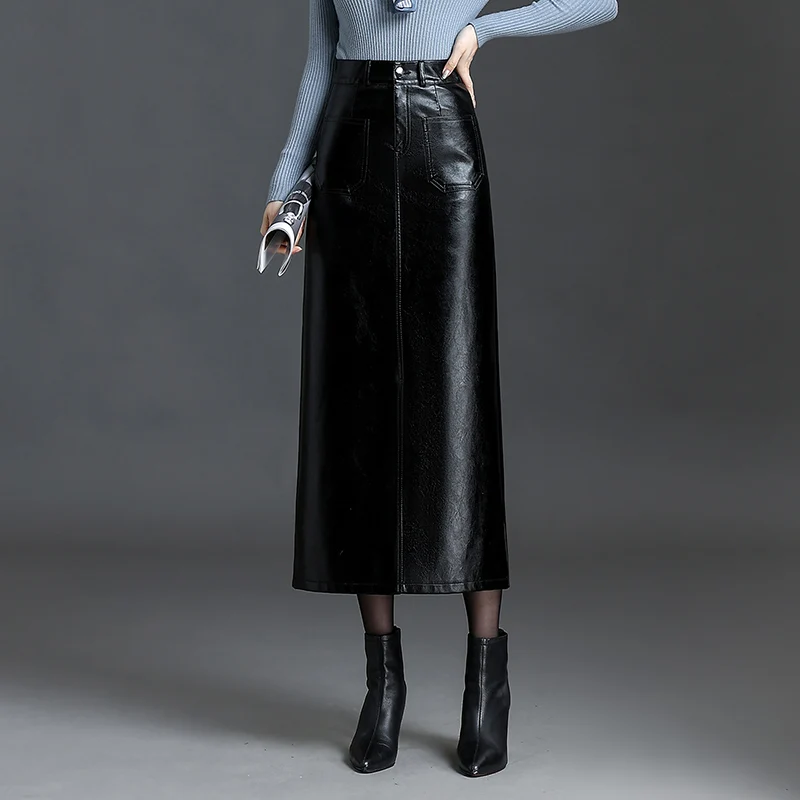 Mulheres longas de couro do plutônio bodycon saias novo outono inverno frente fenda cintura alta em linha reta moda saia bolso quente saia do plutônio