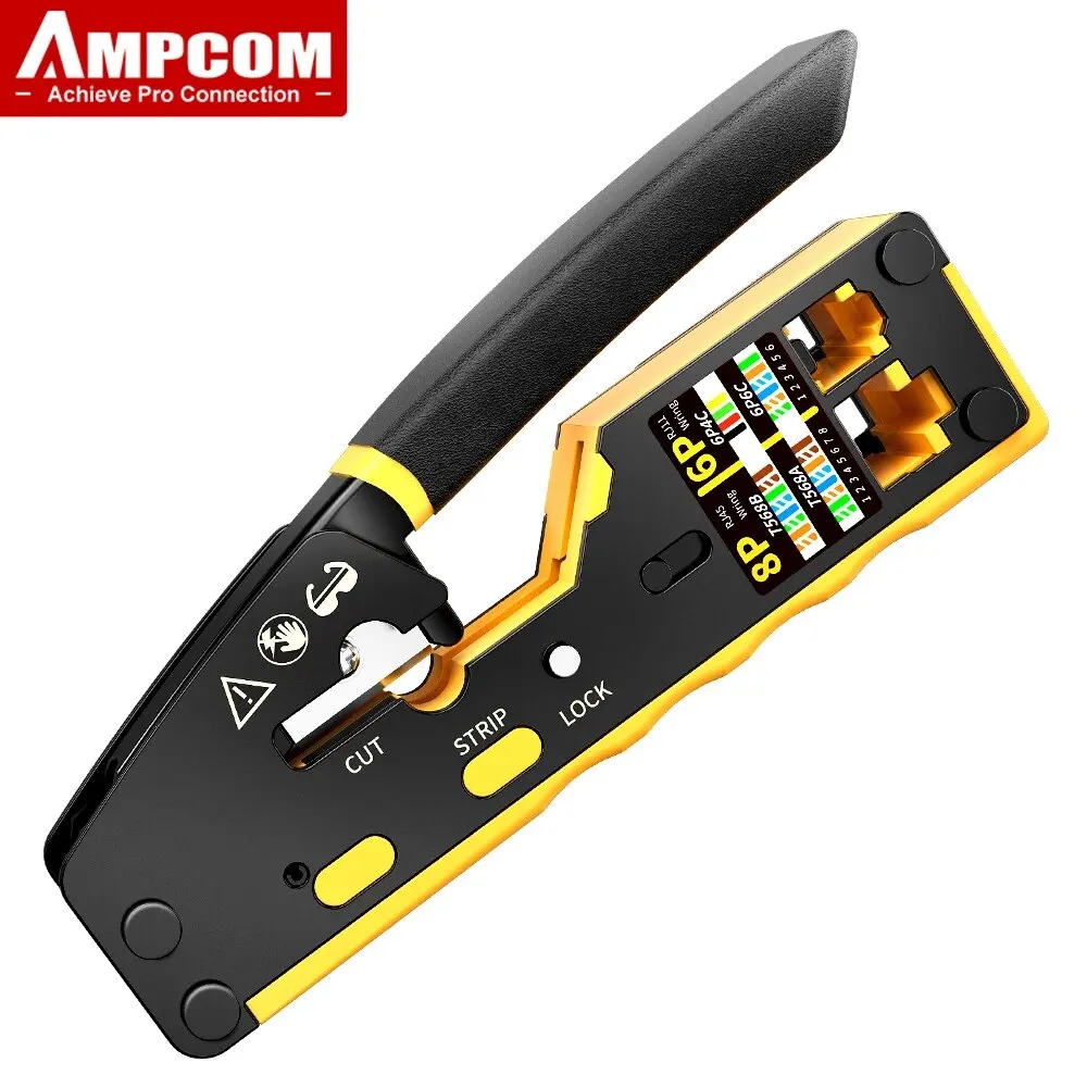 Ampcom ez-type rj45ネットワーククリンパー-3-in-1クリンパー/カット/ストリップlan cat8/7/6a/6/5e (stp/utp) & rj11/12 telモジュラーケーブル (am-6088)