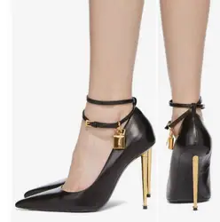 Black White Blue 105 MM Thin Heels Padlock Croc Embossed Leather Pump Women Sexy Ankle Strap Pointed Toe Metallic Banquet Shoes