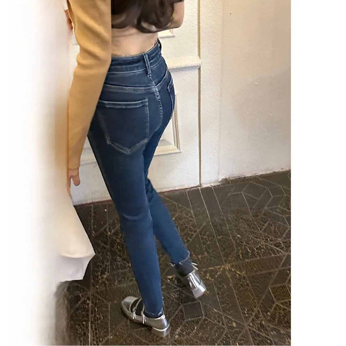 

CCZEE Slimming Vintage Velvet Stretchy Jeans High Waist Fce Long Pants Women's Faion Stand Fit Winter