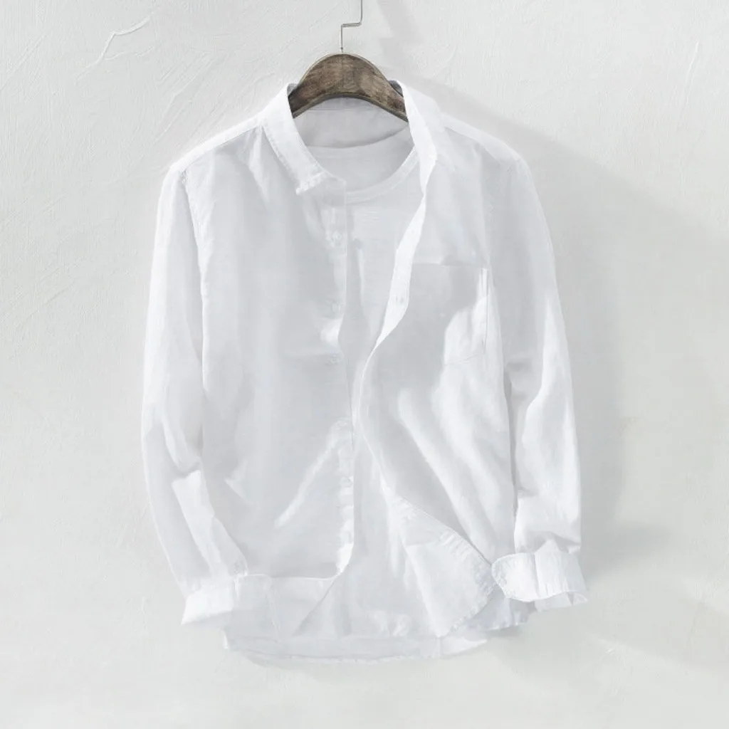 Summer Men Long Sleeve White Linen Shirt Casual Loose Baggy Solid Color Breathable Button Top Blouse Man Shirts