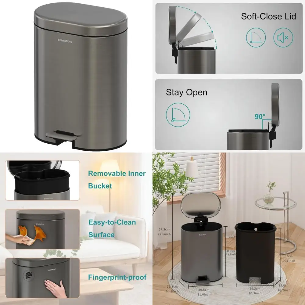 

Stainless Steel Round Bathroom Trash Can with Soft Close Lid and Removable Bucket for Small Spaces
