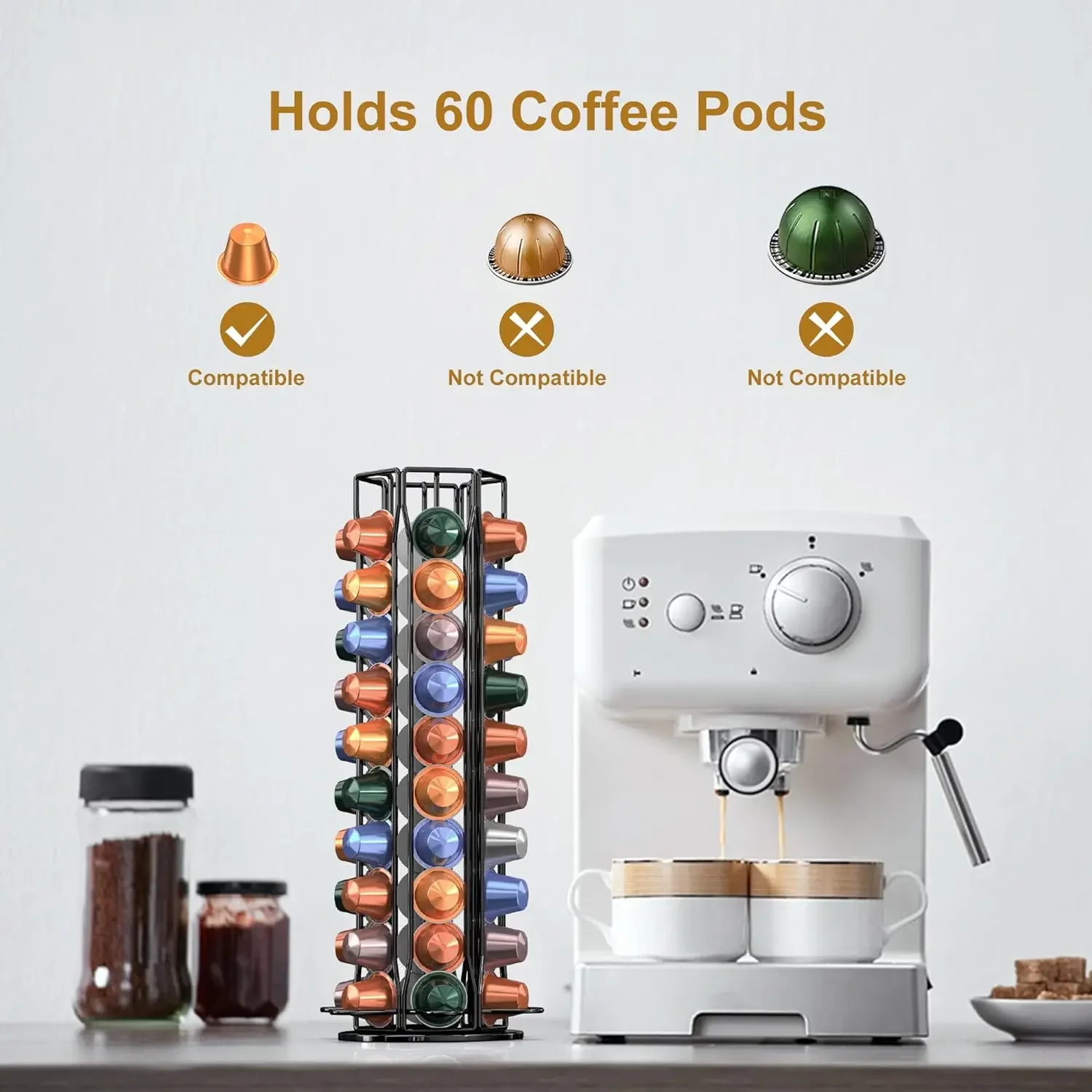 ネスプレッソコーヒーポッドホルダー-60個収納-360度回転式-コーヒーカプセル収納ラック-メタルタワー-スタンド-家庭用-キッチン用