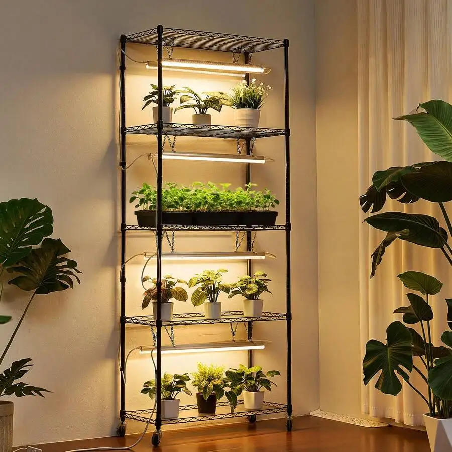Plant Shelf With Grow Light, 6-Tier Indoor Plant Stand, 71 In Tall Plants Display Rack With Wheels & 4/9/14H Timer, 80W T5 LED F
