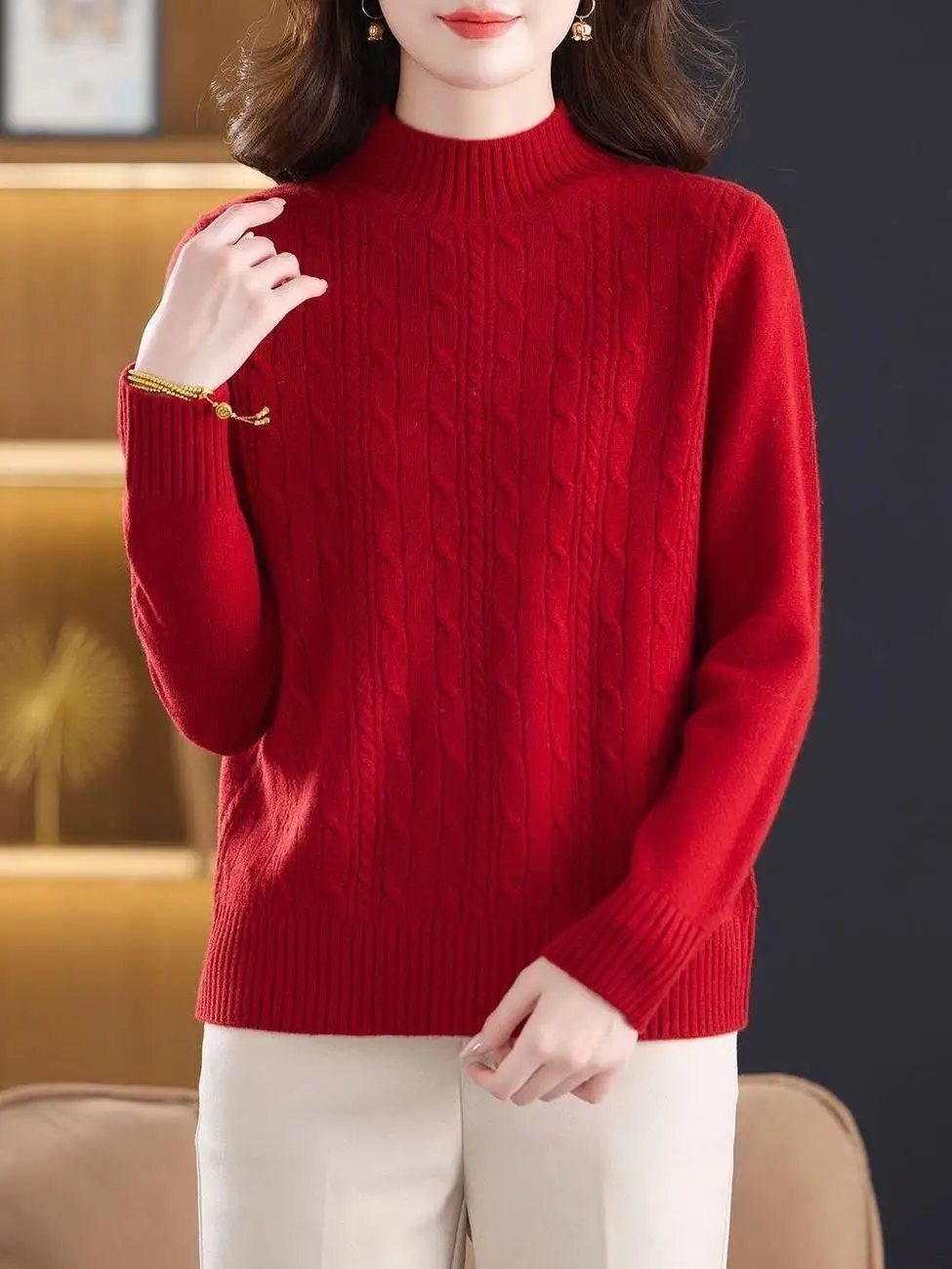 Autumn Winter Thick Yarn Twist Sweater Women Vintage  Color Short Thick Knitted Top Trendy Overhead round Neck Long Sleeve