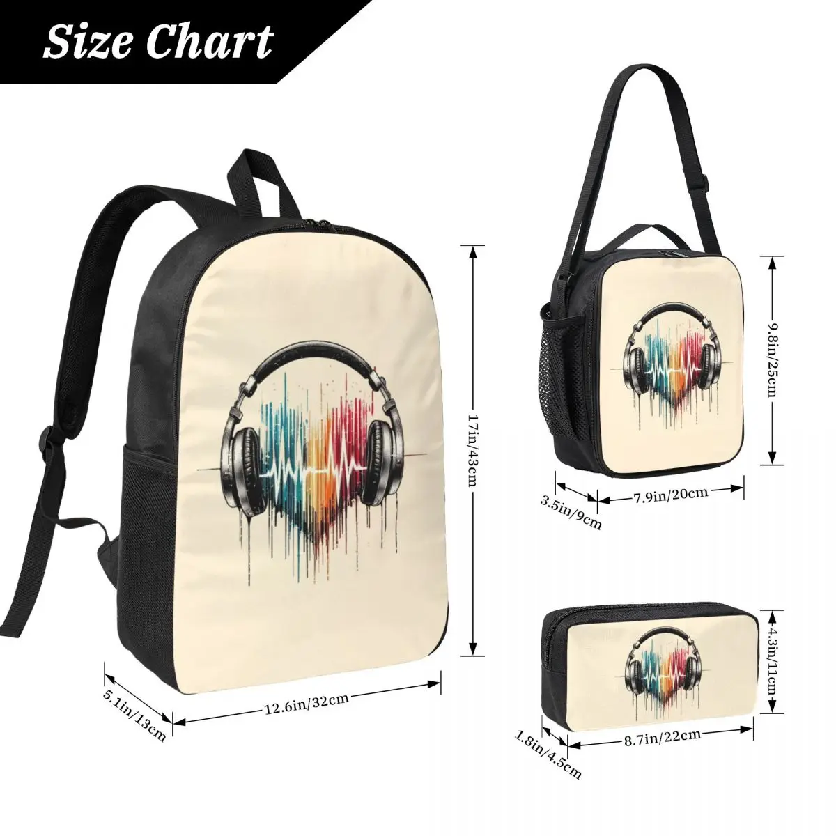 Heart Shaped Music Note With Headphones Backpack BookBag School Bag Computer Shoulder Bags 3ps Insulated Lunch Bag Pencil Case