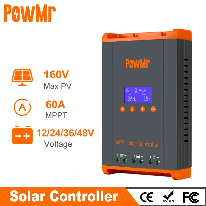 

PowMr MPPT 60A Solar Charge Controller 12V 24V 36V 48V Auto Solar Panels Regulator Max PV 160VDC For Lead Acid Lithium Battery