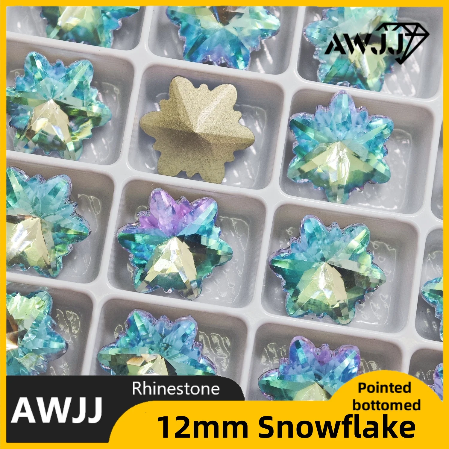 12 มม.เกล็ดหิมะขนาดใหญ่รูปคริสตัลสีทั้งหมดชี้ Bottomed ตกแต่งอัญมณีใช้สําหรับต่างหูสร้อยคอเครื่องประดับเล็บอุปกรณ์เสริม