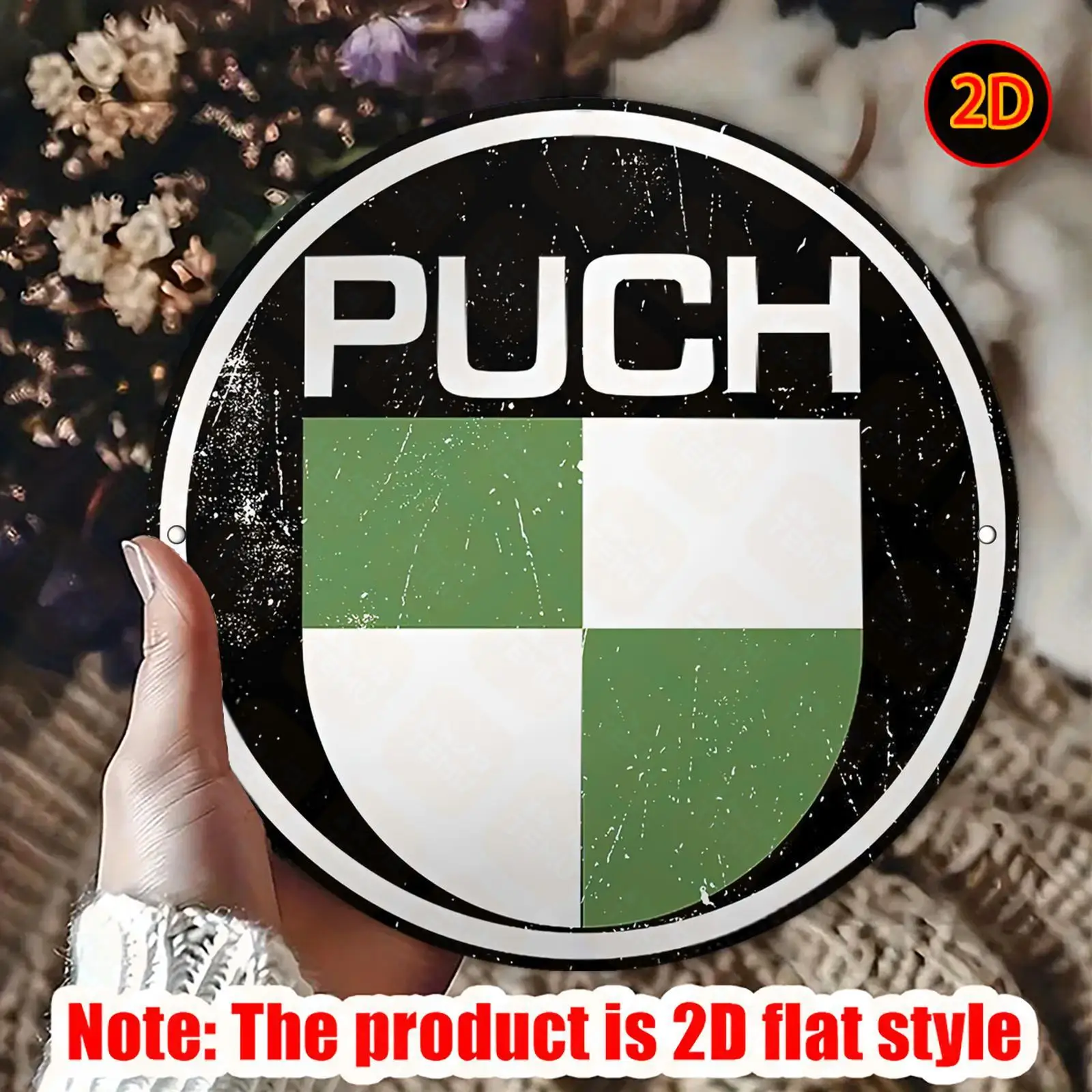 2D Flat - [2D Flat] Vintage PUCH Brand Metal Sign - 19.99cm Round Aluminum Wall Art with Green & White Checkered Design, Rustic