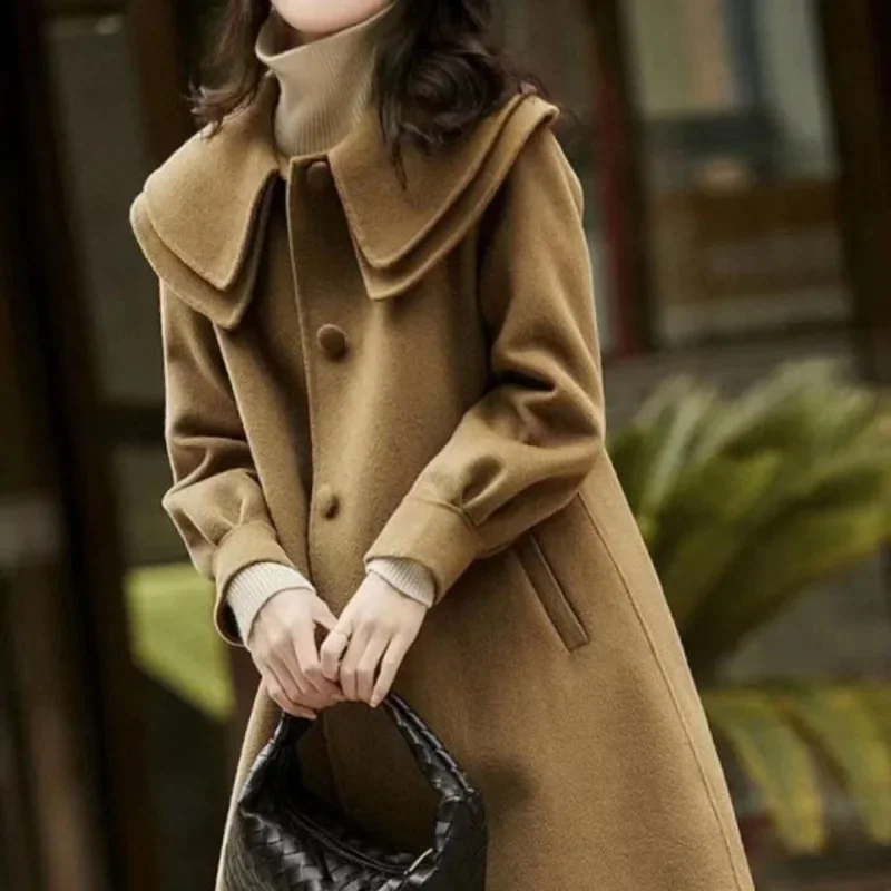 

Women Peter Pan Collar Thick Midi Length Wool Coat Casual Full Sleeve Single Breasted Blends Coats Pocket 2024 Autumn Winter