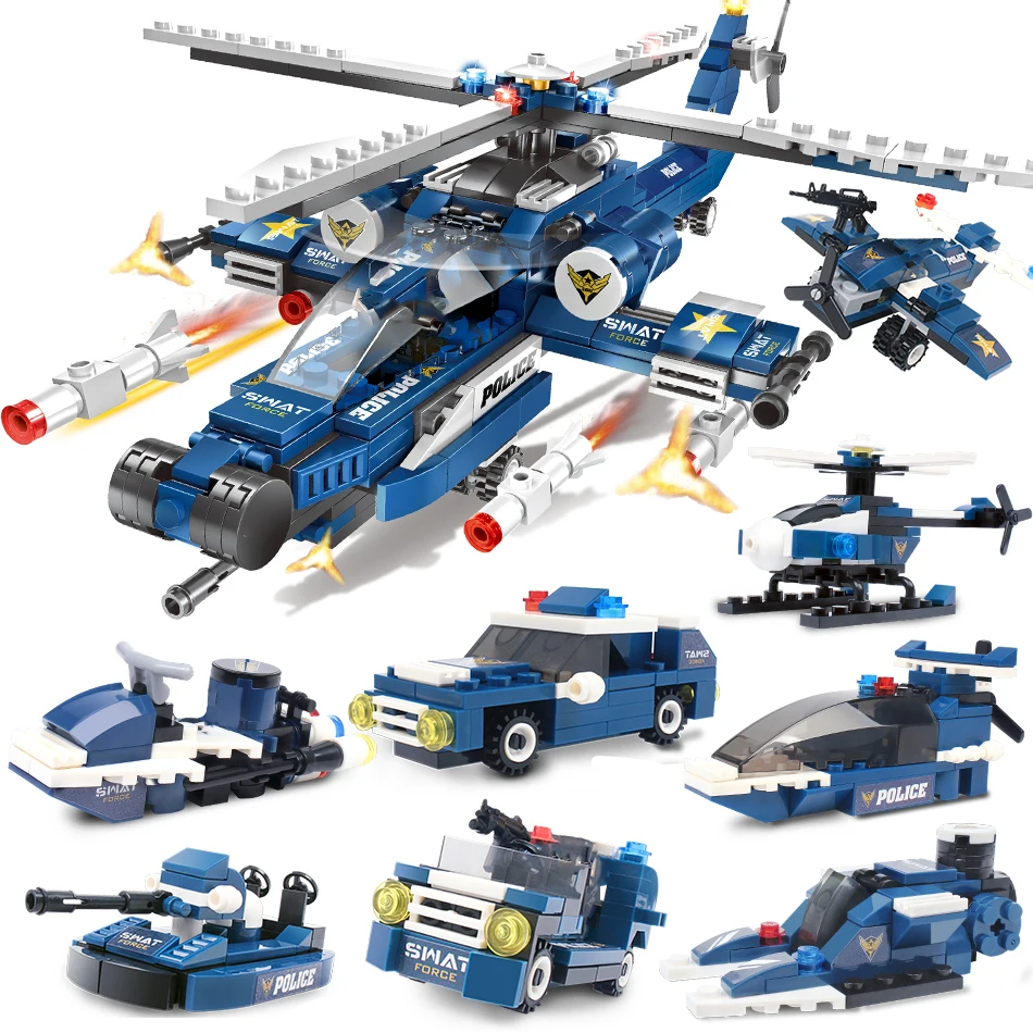 

DIY blocks 515pcs 8in1 SWAT Police Building Blocks City Helicopter Car 8 Policeman Figures Bricks Educational Toys for Children