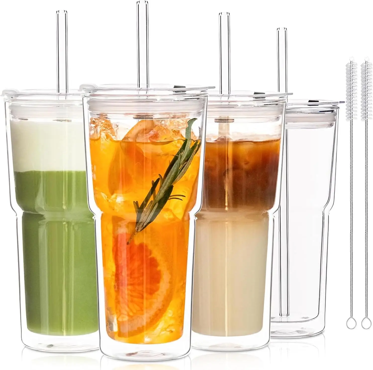 

20oz Double Wall Glass Tumblers 4‑Pack with Lids & Straws | Insulated Clear Drinking Glasses for Iced