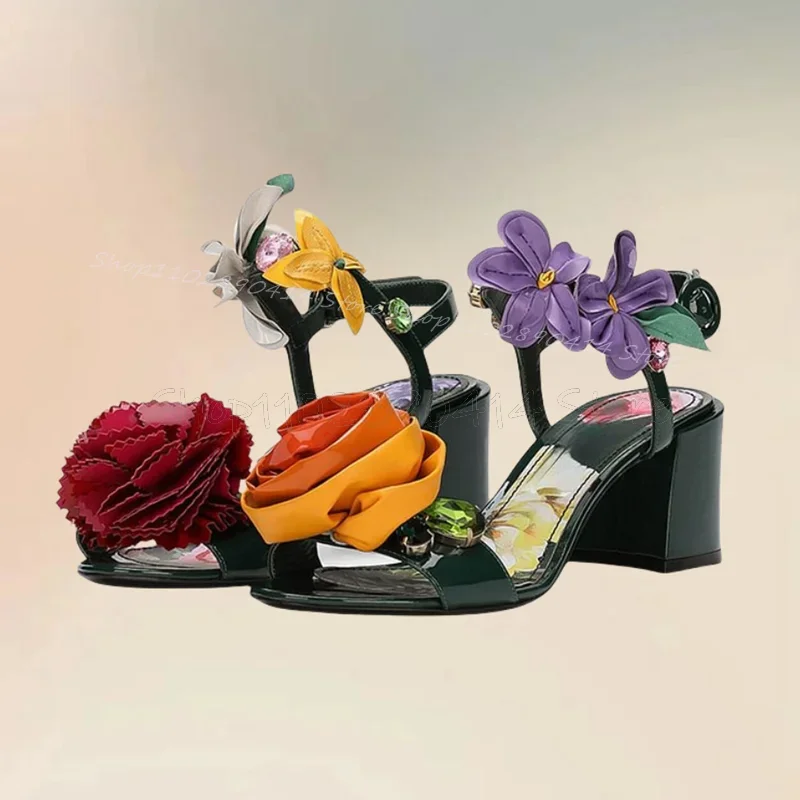 

Colorful Appliques Decor Floral Print Sandals Ankle Buckle Strap Women Shoes Chunky High Heels Open Toe 2024 Zapatos Para Mujere