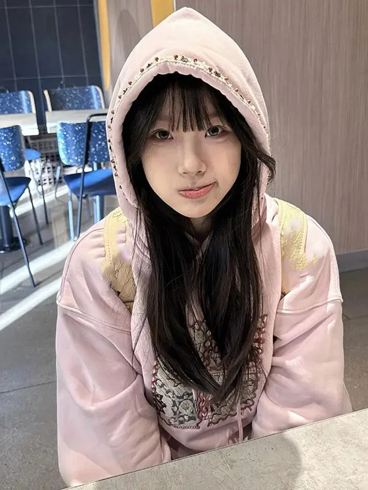 Y2k – sweat-shirt à capuche avec cordon de serrage brodé rose pour femme, Vintage, Streetwear, ample, Harajuku, vestes Grunge décontractées, 2025