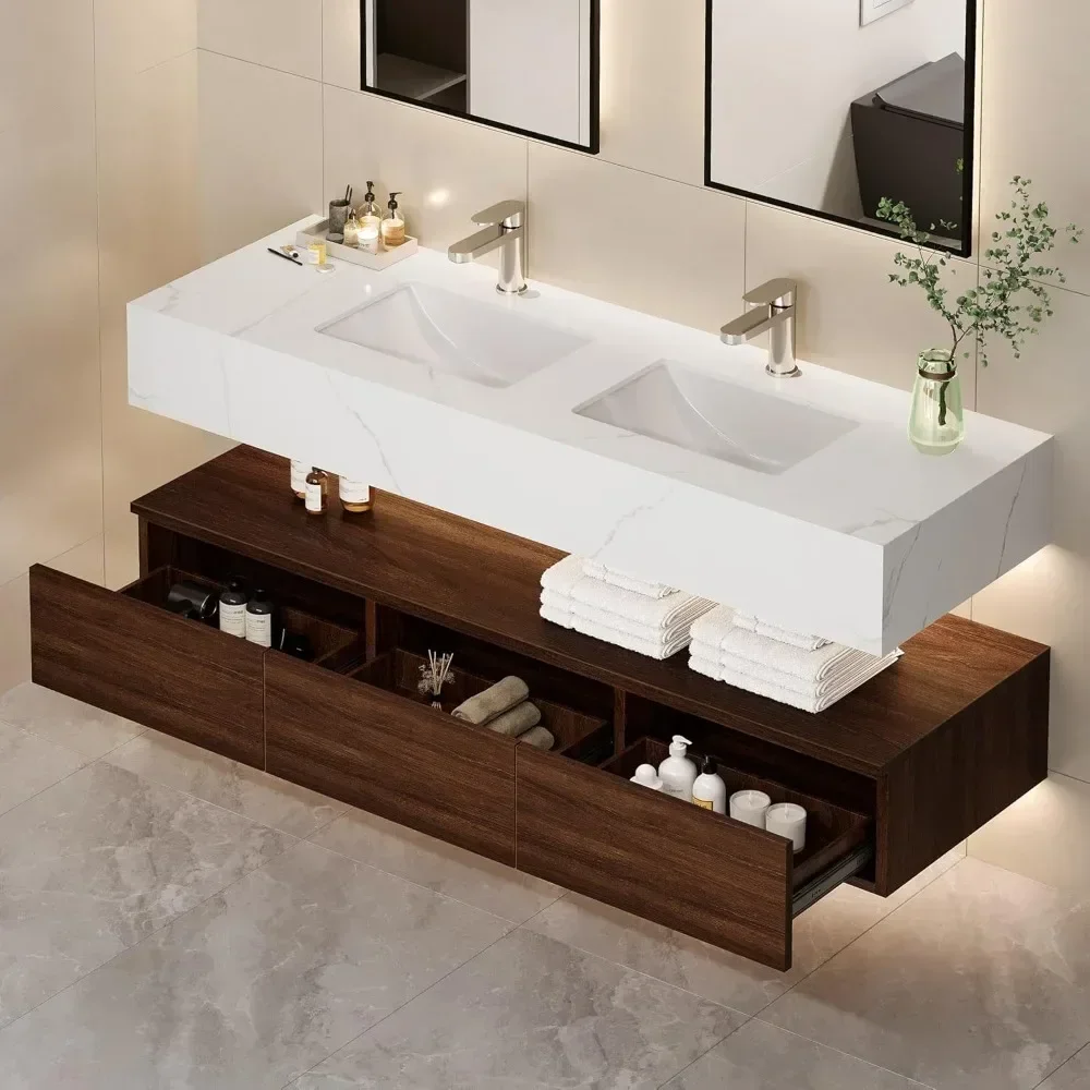 60 Inch Floating Vanity Bathroom with Double Integrated Set, Wall Mounted Bathroom Storage Cabinet with Sintered Stone