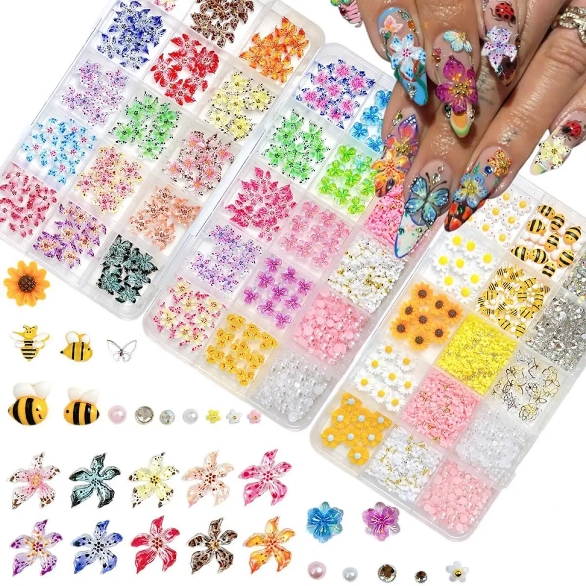 1 scatola colorata creativa mulino a vento fiore carino ape resina nail art charms fiori trasparenti mini farfalla decorazioni per unghie fai da te