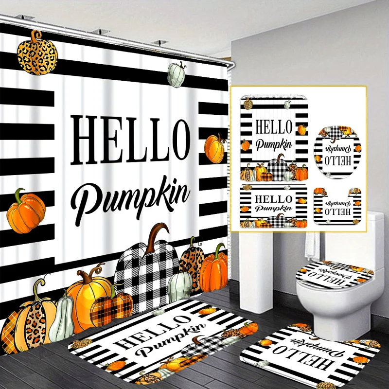 4pcs Halloween Pumpkin Stripes Shower Curtain Gift Modern Home Bathroom Decoration Curtain and Toilet Floor Mat 4piece Set