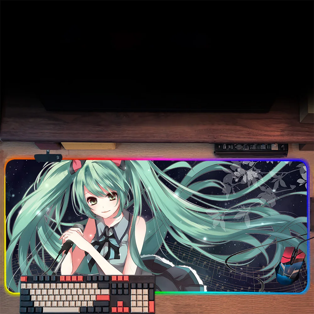 H-Hatsunes M-Miku RGB PC Gamer Teclado Mouse Pad, LED Brilhante Mouse Mats, Borracha Gaming Computer Mausepad