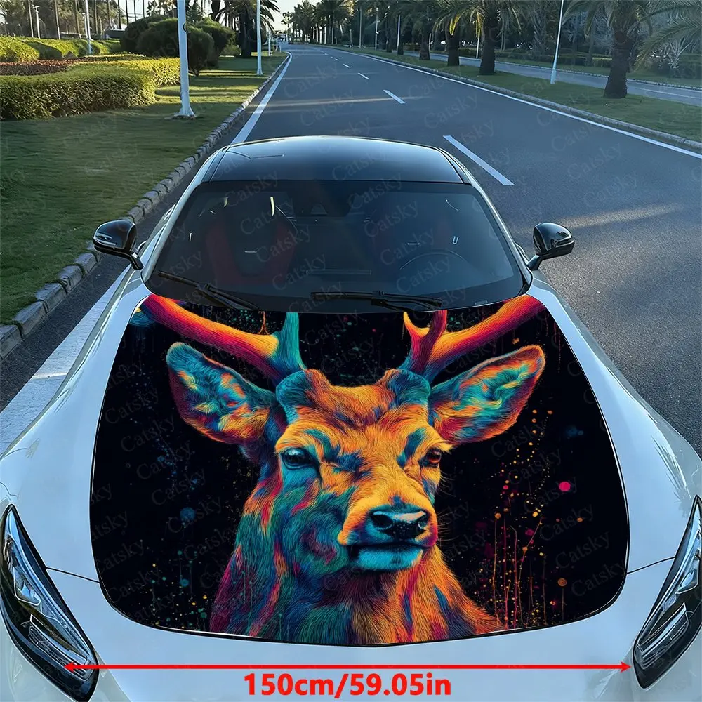 Colorful Deer Car Hood Decal Sticker - Splash-Resistant Vinyl Wrap, Easy Removal, Durable Fit For Car Engine Hood Decoration,Car