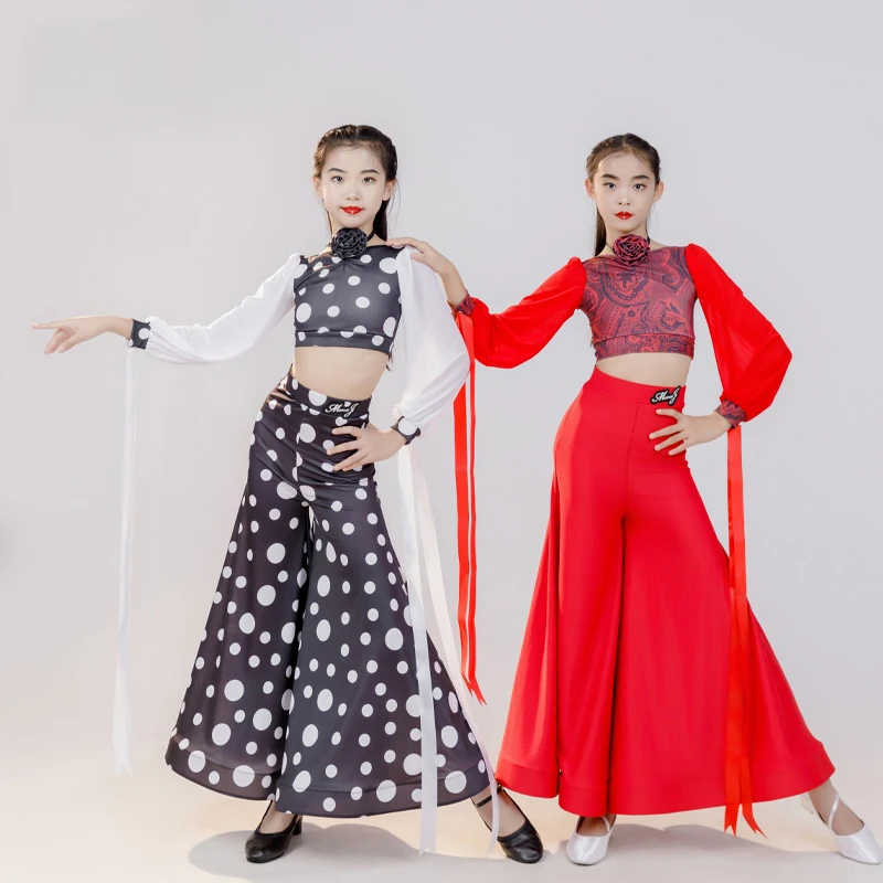 

Fashion Ballroom Dance Clothing Girls Lantern Sleeved Latin Top Flared Pants Costume Kids Waltz Modern Dancing Dresses SL9602