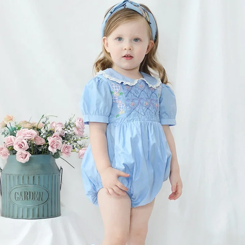 Kids boutique Clothes Girls Toddler Clothes Dress Short Sleeve Embroidered Baby Girls Smocked Romper Sister Clothes