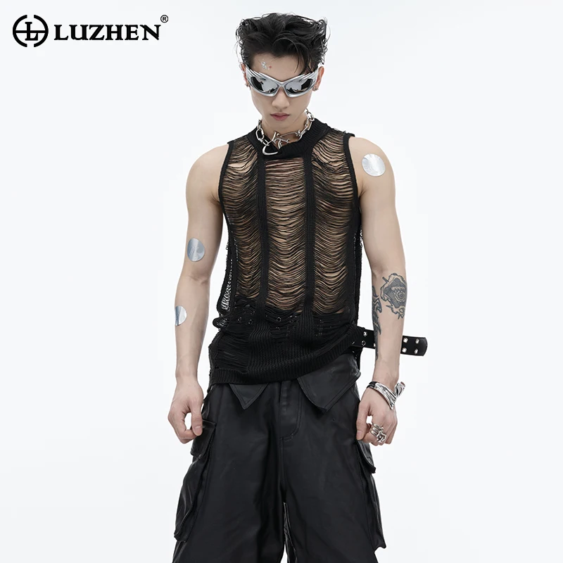 

LUZHEN Stylish Sexy Hollow Out knitted Design Sleeveless Tank Tops Men 2024 New Original High Street Perspective T Shirt LZ4014